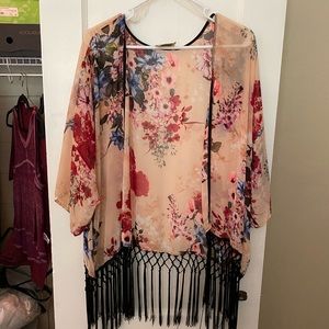 Floral and fringe kimono